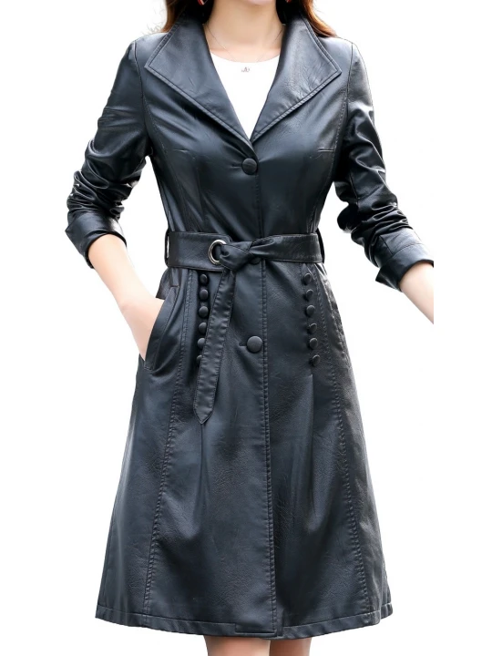 Womens Fashionable Real Lambskin Black Long Leather Trench Coat