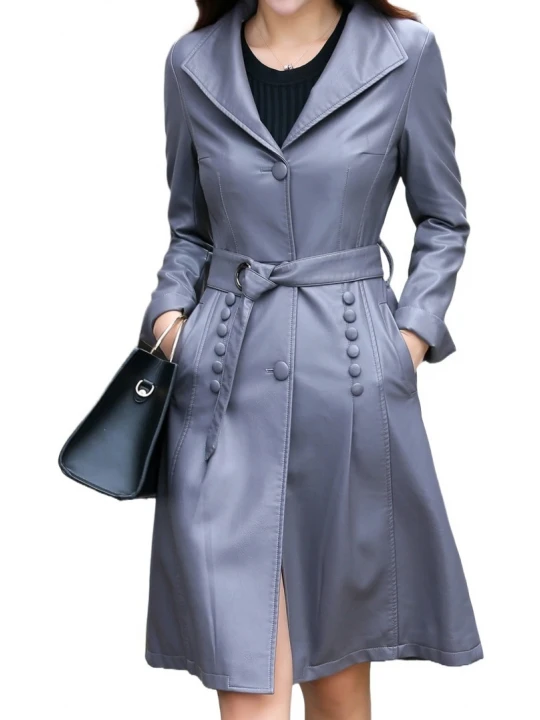 Womens Fashionable Real Lambskin Gray Long Leather Trench Coat