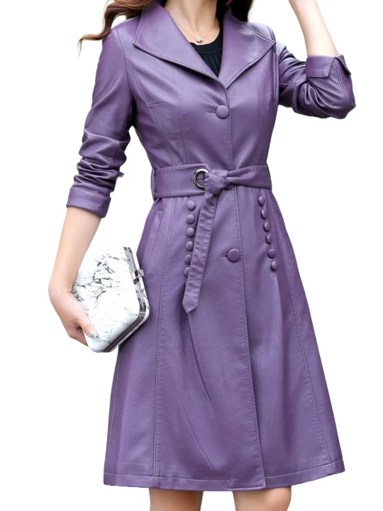 Womens Fashionable Real Lambskin Purple Long Leather Trench Coat
