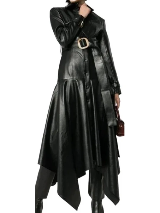 Womens Glamorous Fashion Genuine Sheepskin Black Long Leather Trench Coat