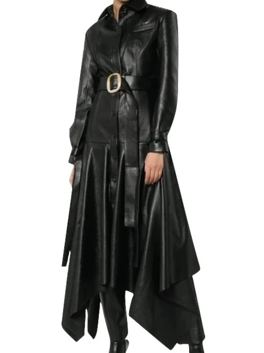 Womens Glamorous Fashion Genuine Sheepskin Black Long Leather Trench Coat