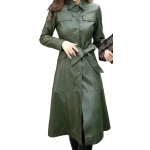 Womens Glamorous Real Lambskin Olive Green Long Leather Trench Coat