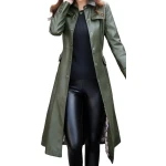 Womens Glamorous Real Lambskin Olive Green Long Leather Trench Coat