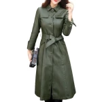 Womens Glamorous Real Lambskin Olive Green Long Leather Trench Coat