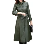 Womens Glamorous Real Lambskin Olive Green Long Leather Trench Coat