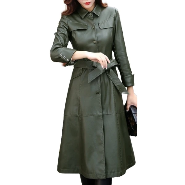 Womens Glamorous Real Lambskin Olive Green Long Leather Trench Coat