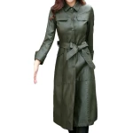 Womens Glamorous Real Lambskin Olive Green Long Leather Trench Coat