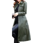 Womens Glamorous Real Lambskin Olive Green Long Leather Trench Coat