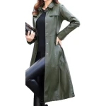 Womens Glamorous Real Lambskin Olive Green Long Leather Trench Coat