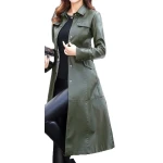 Womens Glamorous Real Lambskin Olive Green Long Leather Trench Coat