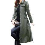 Womens Glamorous Real Lambskin Olive Green Long Leather Trench Coat