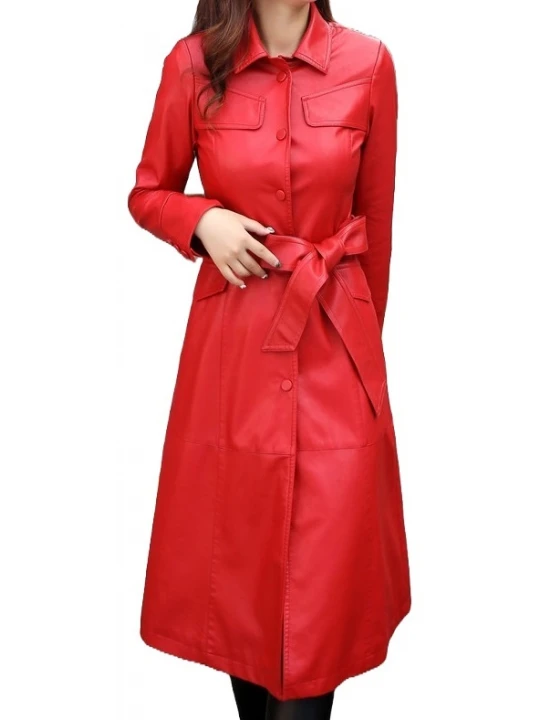 Womens Glamorous Real Lambskin Red Long Leather Trench Coat