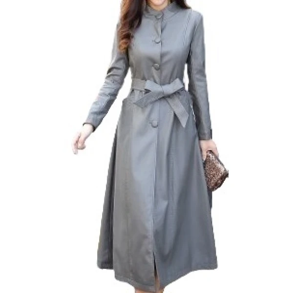 Womens Great Look Real Lambskin Gray Long Leather Trench Coat