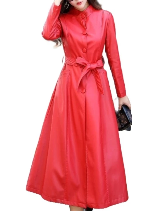 Womens Great Look Real Lambskin Red Long Leather Trench Coat