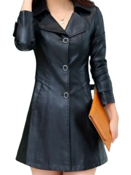 Womens High Fashion Genuine Sheepskin Black Long Leather Trench Coat
