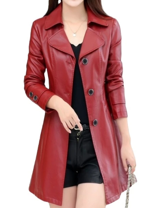 Womens High Fashion Genuine Sheepskin Burgundy Long Leather Trench Coat