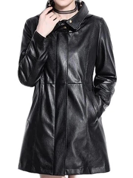 Womens Hooded Genuine Sheepskin Black Long Leather Trench Coat