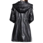 Womens Hooded Genuine Sheepskin Black Long Leather Trench Coat