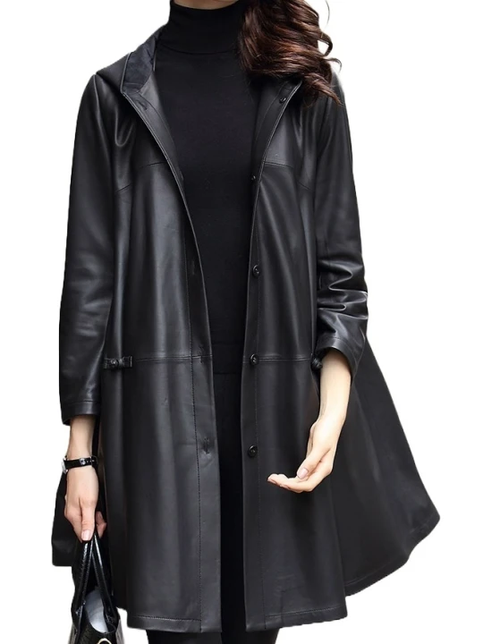 Womens Impressive Fashion Hooded Genuine Sheepskin Black Long Leather Trench Coat