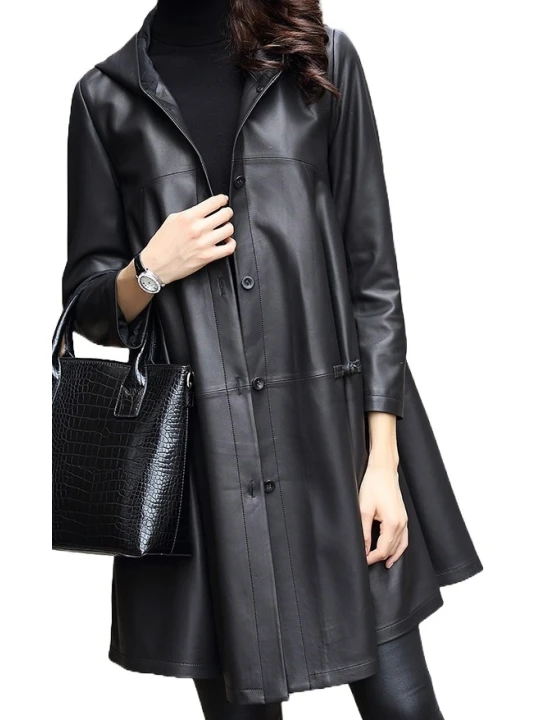 Womens Impressive Fashion Hooded Genuine Sheepskin Black Long Leather Trench Coat