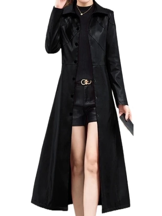 Womens Marvellous Design Genuine Sheepskin Black Long Leather Trench Coat