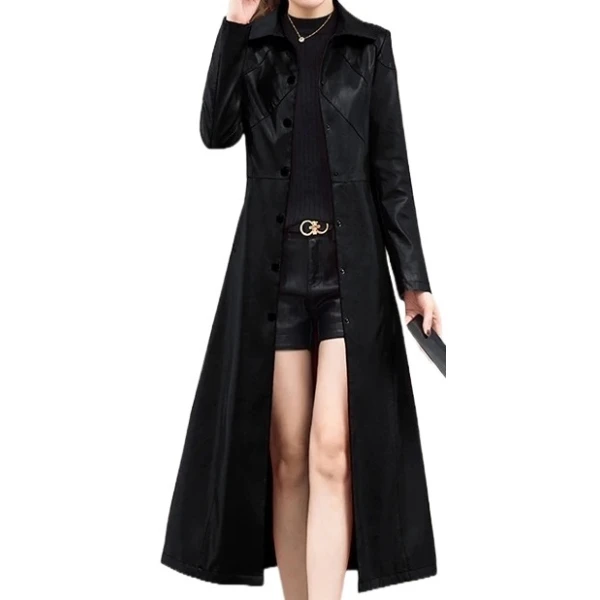 Womens Marvellous Design Genuine Sheepskin Black Long Leather Trench Coat
