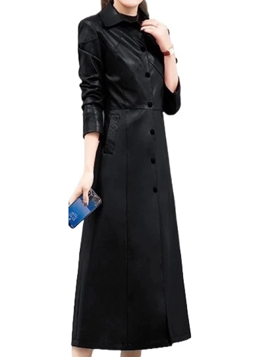 Womens Marvellous Design Genuine Sheepskin Black Long Leather Trench Coat