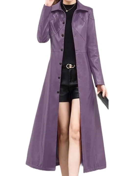 Womens Marvellous Design Genuine Sheepskin Purple Long Leather Trench Coat