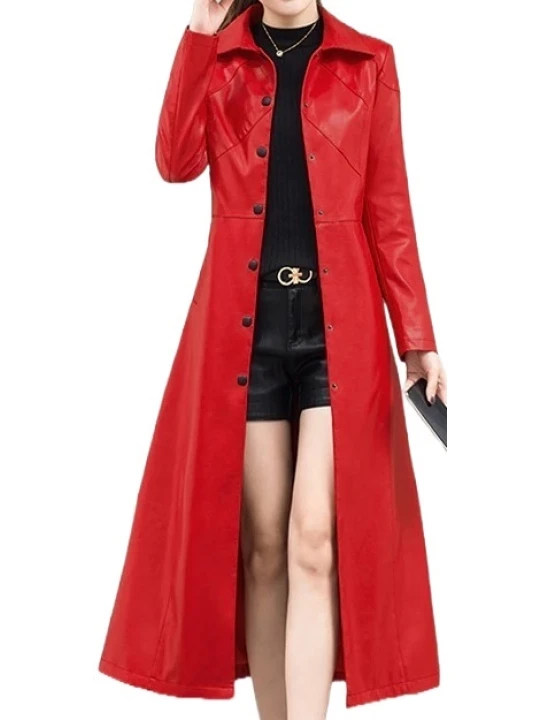 Womens Marvellous Design Genuine Sheepskin Red Long Leather Trench Coat