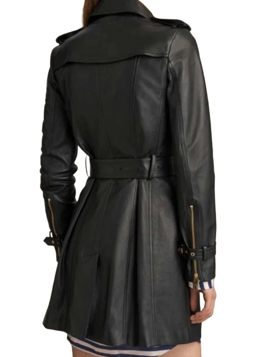 Womens Mid-Length Double Breasted Black Leather Coat