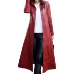Womens New Outwear Real Lambskin Red Long Leather Trench Coat