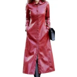 Womens New Outwear Real Lambskin Red Long Leather Trench Coat