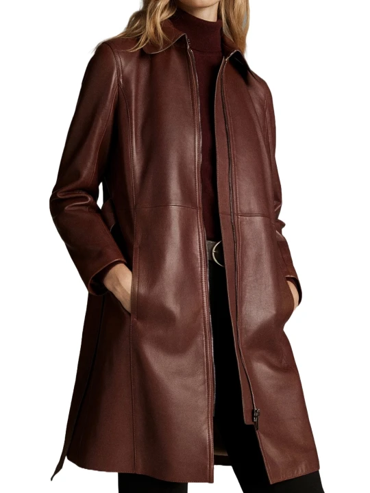 Womens Premium Real Lambskin Brown Leather Long Trench Coat