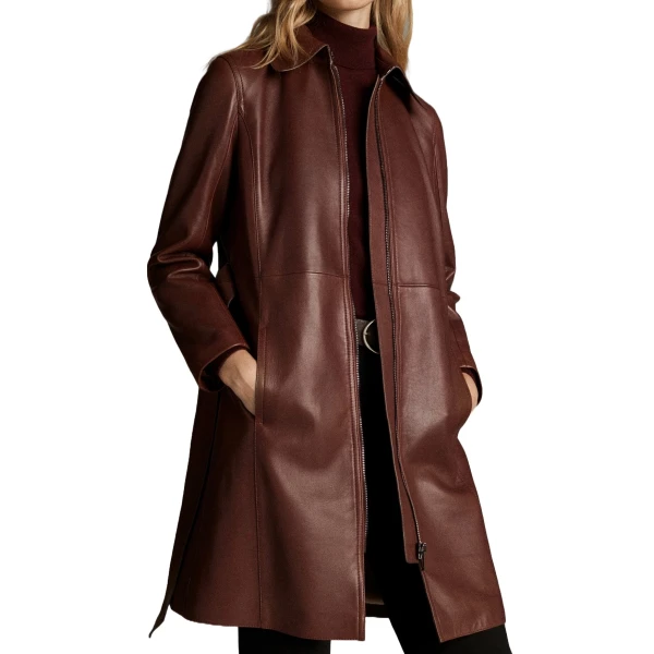 Womens Premium Real Lambskin Brown Leather Long Trench Coat