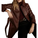 Womens Premium Real Lambskin Brown Leather Long Trench Coat