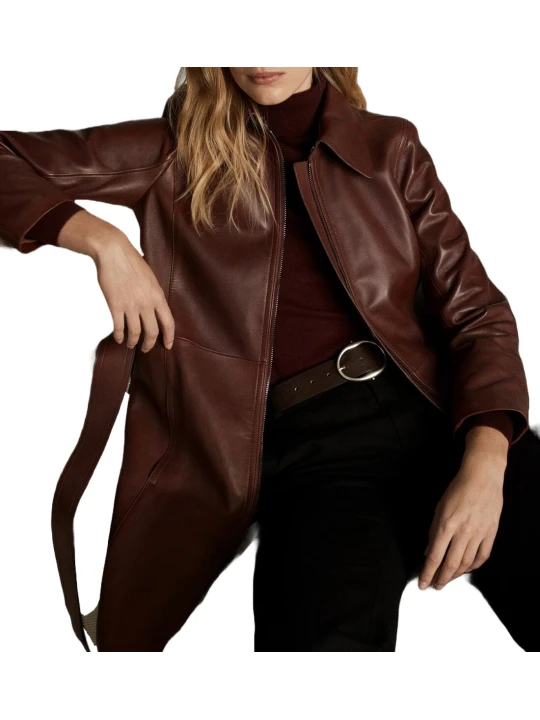 Womens Premium Real Lambskin Brown Leather Long Trench Coat