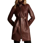 Womens Premium Real Lambskin Brown Leather Long Trench Coat