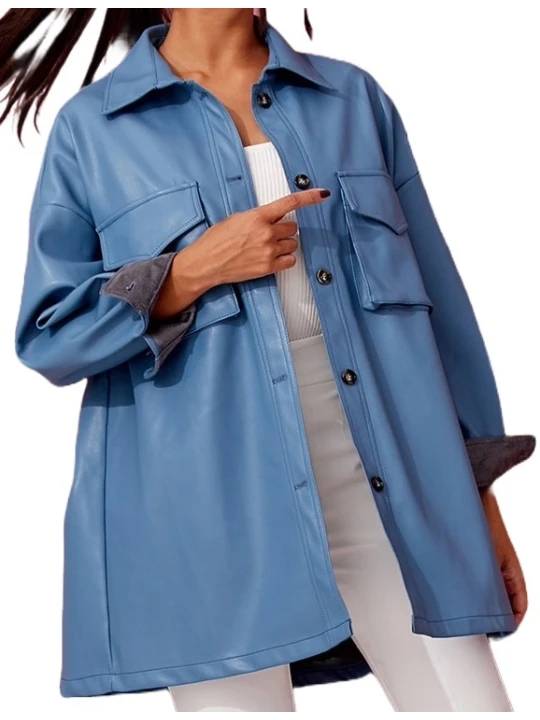 Womens Prominent Stylish Genuine Sheepskin Blue Long Leather Trench Coat