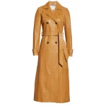 Womens  Real Lambskin Tan Long Leather Trench Coat