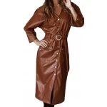 Womens Sensational Outfit Genuine Sheepskin Brown Long Leather Trench Coat