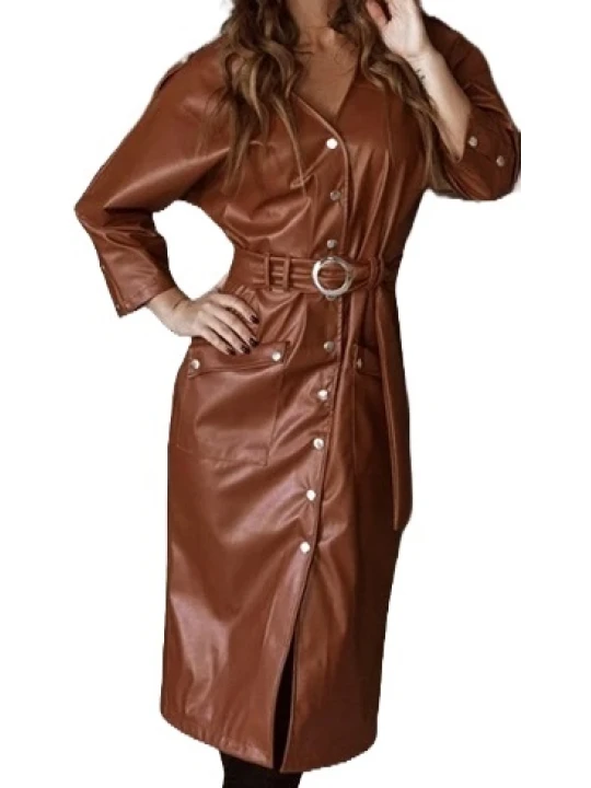 Womens Sensational Outfit Genuine Sheepskin Brown Long Leather Trench Coat