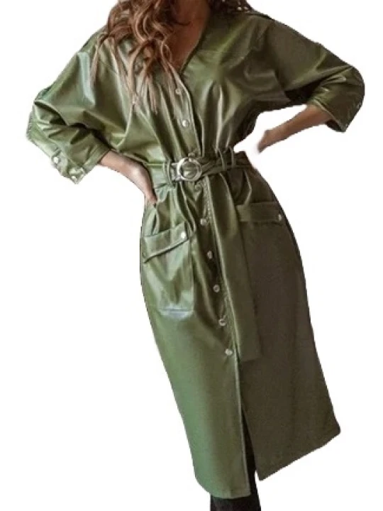 Womens Sensational Outfit Genuine Sheepskin Olive Green Long Leather Trench Coat