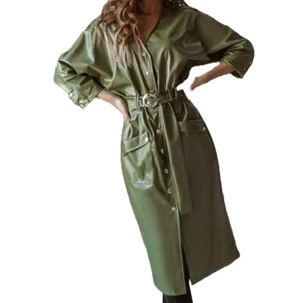 Womens Sensational Outfit Genuine Sheepskin Olive Green Long Leather Trench Coat