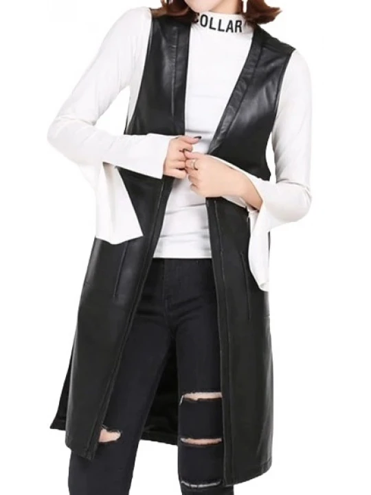 Womens Side Split Sleeveless Genuine Sheepskin Black Long Leather Trench Coat