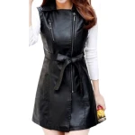 Womens Sleeveless Real Lambskin Black Long Leather Trench Coat
