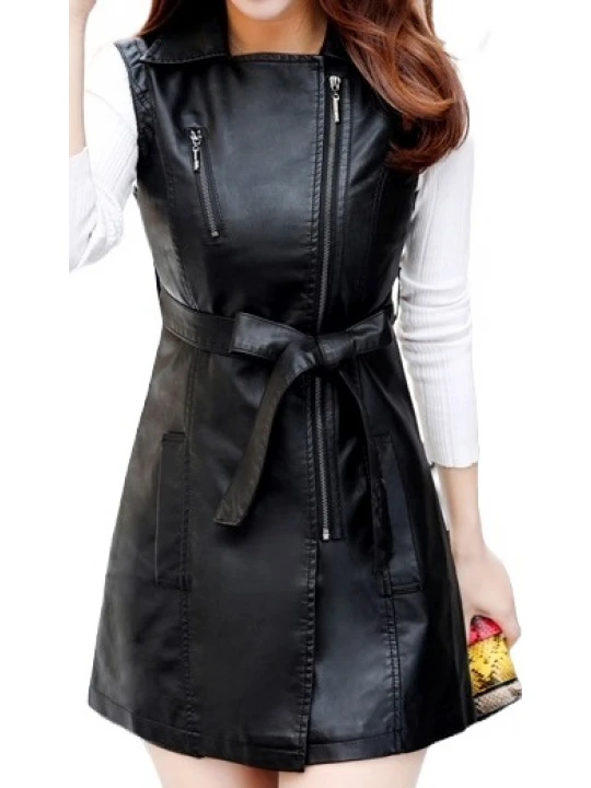 Womens Sleeveless Real Lambskin Black Long Leather Trench Coat