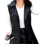 Womens Sleeveless Real Lambskin Black Long Leather Trench Coat