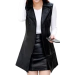 Womens Sleeveless Real Lambskin Black Long Leather Trench Coat