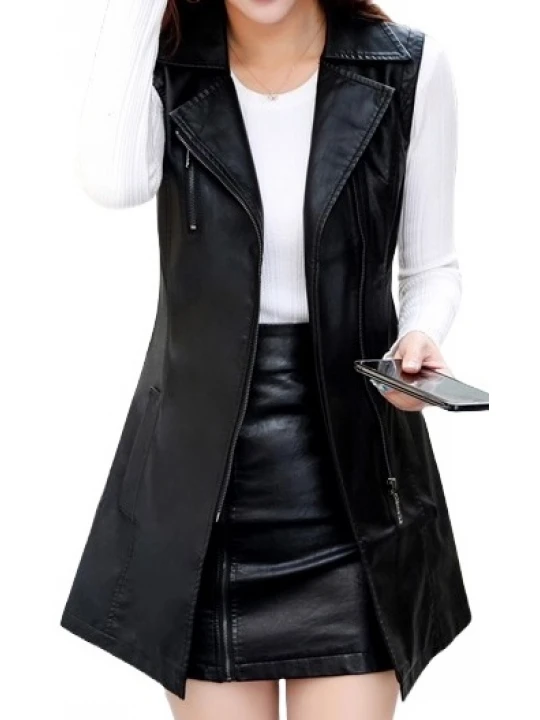 Womens Sleeveless Real Lambskin Black Long Leather Trench Coat