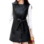 Womens Sleeveless Real Lambskin Black Long Leather Trench Coat